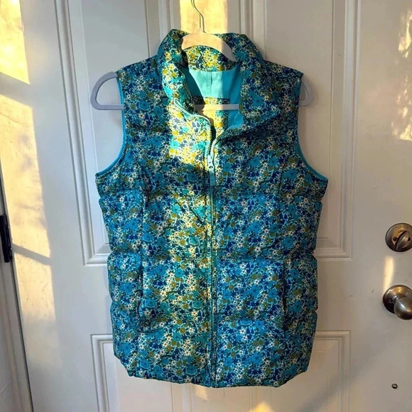 LANDS END KIDS Girls Puffer Vest Down blue floral size large - Picture 1 of 4